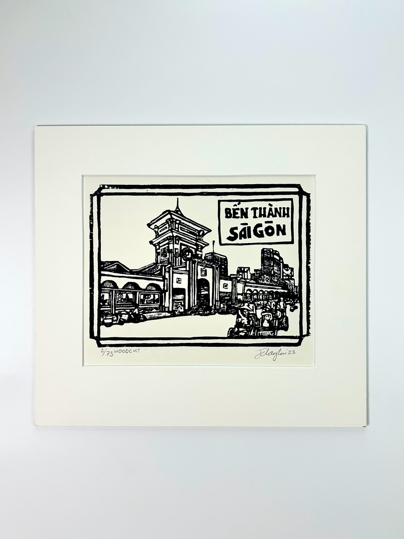 Tranh Wood cut Bến Thành Sài Gòn